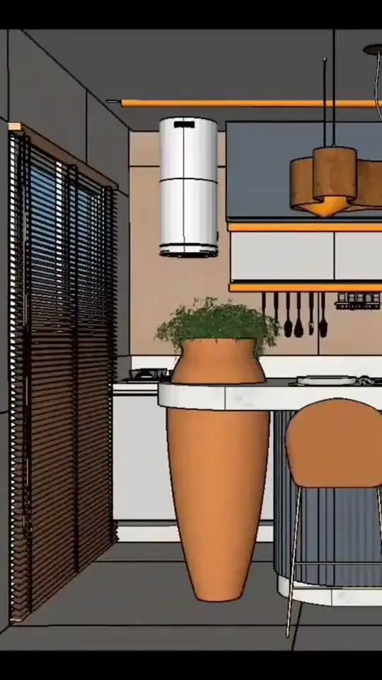 Estudo 3D de cozinha gourmet com persiana, pendentes cobre e vaso de cerâmica